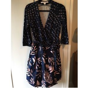 DVF navy Jewel Silk Combo Wrap Dress